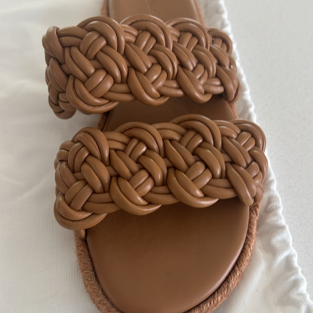 Vince Slide Sandal Brown Wide Braid Straps Flat Espadrille Size 8.5